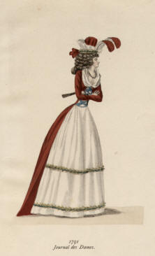 "1791 Journal des Dames". Die handkolorierte Graphik zeigt eine Dame mit Hut im 18. Jahrhundert mit enger Taille, verschränkten Armen und Fächer in der Hand.