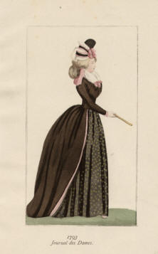 "1793 Journal des Dames". Die handkolorierte Graphik zeigt eine Dame mit Hut Ende des 18. Jahrhunderts mit zusammengefalteten Fächer in der Hand. 