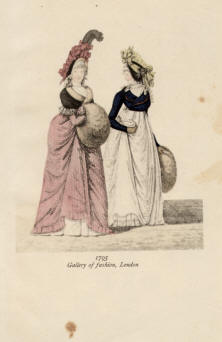 "1795 Gallery of fashion, London". Die handkolorierte Graphik zeigt zwei englische Ladies mit Hut und Muff Ende des 18. Jahrhunderts