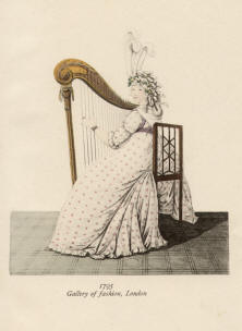 "1795 Gallery of fashion, London". Die handkolorierte Graphik zeigt ein Harfe spielendes Mädchen (Harfinistin) mit Hut und Muff Ende des 18. Jahrhunderts.