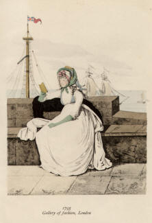 "1795 Gallery of fashion, London". Die handkolorierte Graphik zeigt eine Lady im Straßenkleid Ende des 18. Jahrhunderts auf der Kaimauer im Segelschiff-Hafen ein Buch lesend.