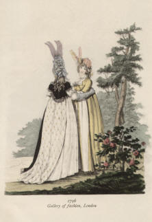 "1796 Gallery of fashion, London". Die handkolorierte Graphik zeigt zwei Ladies in einer Parklandschaft Ende des 18. Jahrhunderts.
