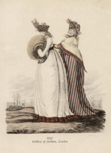 "1797 Gallery of fashion, London". Die handkolorierte Graphik zeigt zwei Ladies in einer Winterlandschaft Ende des 18. Jahrhunderts.