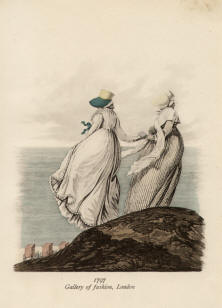 "1797 Gallery of fashion, London". Die handkolorierte Graphik zeigt zwei Ladies auf der Steilküste am Meer und unten den Strand mit den Badewagen Ende des 18. Jahrhunderts.
