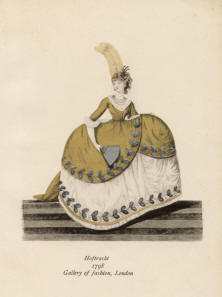 "Hoftracht 1798 Gallery of fashion, London". Die handkolorierte Graphik zeigt eine junge Lady mit aufgefalteten Fächer in der englischen Hoftracht Ende des 18. Jahrhunderts