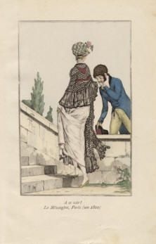 "A ce soir! La Mésangère, Paris (um 1800)". Die handkolorierte Graphik zeigt eine junge Dame auf einer Treppe im Park mit Handkuß von einem Kavalier Anfang des 19. Jahrhunderts.
