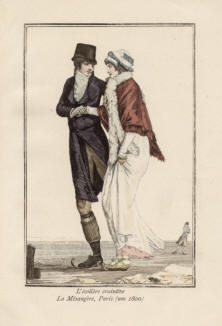 "L'écolière craintive, La Mésangère, Paris (um 1800)". Die handkolorierte Graphik zeigt eine junge Dame, die auf dem Eis Schlittschuhlaufen lernt. Der Herr daneben ebenfalls auf Schlittschuhe in Frankreich.