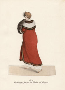 "1801 Hamburger Journal der Moden und Eleganz". Die handkolorierte Graphik zeigt eine Dame im roten Mantel mit einem Muff Anfang des 19. Jahrhunderts.