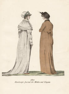 "1801 Hamburger Journal der Moden und Eleganz". Die handkolorierte Graphik zeigt zwei Hamburger Damen in Straßenkleidern Anfang des 19. Jahrhunderts