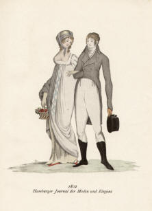 "1802 Hamburger Journal der Moden und Eleganz". Die handkolorierte Graphik zeigt eine elegante junge Dame mit Dekolleté und einen Herren im Frack Anfang des 19. Jahrhunderts.