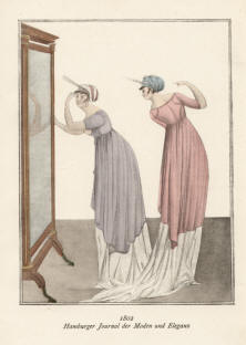 "1802 Hamburger Journal der Moden und Eleganz". Die handkolorierte Graphik zeigt zwei in Blau und Rosa fast gleich gekleidete Damen vor einem Spiegel und eine der Damen schaut sehr böse.