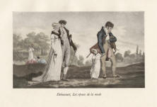 "Debucourt, Les époux de la mode". Die handkolorierte Graphik zeigt eine Gesellschaft in einer französischen Parklandschaft um 1800. Ein Mann mit Kind an der Hand trägt einen Sonnenschirm unter dem Arm, unter dem anderen Arm einen Hund und hält in der Hand einen Beutel