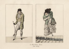 "Le Bon Genre, Paris (um 1810)". Blatt im Querformat mit zwei kleinen Lithographien: Links ein Herr mit Stock und rechts eine Dame, die auf dem Straßenpflaster über ein Rinnsal schreitet