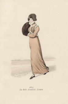 "1813 La Belle Assemblée, London". Die handkolorierte Graphik zeigt eine englische Lady im Winterkleid und mit Muff.