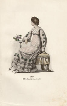 "1816 The Repository, London". Die handkolorierte Graphik zeigt eine englische Lady am Tisch sitzend. 