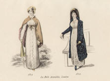 "1813 / 1812, La Belle Assemblée, London". Blatt im Querformat mit zwei kleinen Lithographien: Links eine junge Lady mit Schirm und Cape vor einer Parklandschaft im Hintergrund; rechts eine Dame im weißen Kleid und mit dunkelblauem Samtmantel vor einer weißen Gartenbank stehend