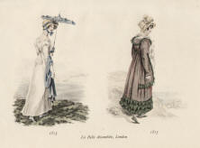 "1813 / 1815, La Belle Assemblée, London". Blatt im Querformat mit zwei kleinen Lithographien: Links eine junge Lady mit aufgespanntem Sonnenschirm vor einer Küstenlandschaft; rechts eine ältere Dame an der Küste