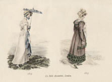 "1813 / 1815, La Belle Assemblée, London". Blatt im Querformat mit zwei kleinen Lithographien: Links eine junge Lady mit aufgespanntem Sonnenschirm vor einer Küstenlandschaft; rechts eine ältere Dame an der Küste
