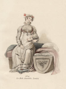 "1814 La Belle Assemblée, London". Die handkolorierte Graphik zeigt eine englische Lady mit Kleinkind im Arm, Fußschemel und Kinderbett.
