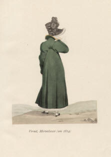 "Vernet, Merveilleuse (um 1814)". Die handkolorierte Graphik zeigt eine französische Dame von hinten im grünen Mantel und mit Hut in einer einsamen Landschaft