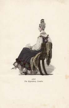 "1816 The Repository, London". Die handkolorierte Graphik zeigt eine englische Lady mit Kopfhaube und aufgeklapptem Fächer auf einem Stuhl sitzend.