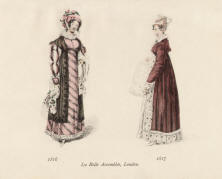 "1816 / 1817, La Belle Assemblée, London". Blatt im Querformat mit zwei kleinen Lithographien: Links eine Lady im Kleid mit Cape und Schal; rechts eine Lady im mit Pelz besetztem Mantel und mit Muff.