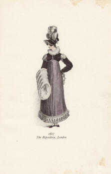 "1817 The Repository, London". Die handkolorierte Graphik zeigt eine englische Lady mit Hut, Kleid und Muff.