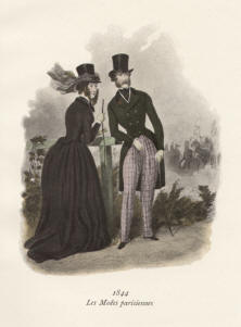 "Les Modes parisiennes 1844". Die handkolorierte Graphik zeigt eine Dame und einen Herrn in Reitkostümen im Freien