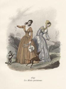 "Les Modes parisiennes 1845". Die handkolorierte Graphik zeigt zwei Damen mit Schirm im Freien, die mit ihren Hunden spielen