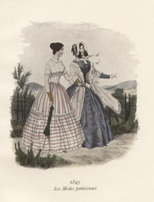 "Les Modes parisiennes 1845". Die handkolorierte Graphik zeigt zwei Damen bei einem Spaziergang im Freien mit Stola und Schirm