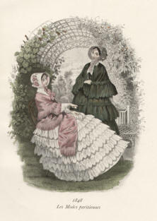 "Les Modes parisiennes 1848". Die handkolorierte Graphik zeigt zwei Damen unter einer Pergola im Garten.