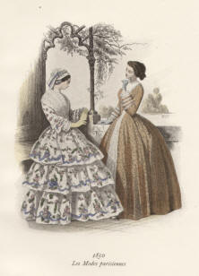 "Les Modes parisiennes 1850". Die handkolorierte Graphik zeigt zwei Damen im Freien auf einer Terrasse.