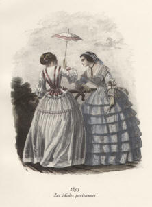 "Les Modes parisiennes 1853". Die handkolorierte Graphik zeigt zwei Damen im Freien mit Schirm.