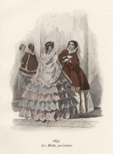 "Les Modes parisiennes 1855". Die handkolorierte Graphik zeigt vier Damen vor einem Gebäude.