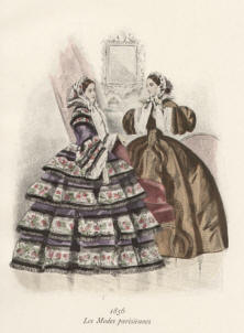 "Les Modes parisiennes 1856". Die handkolorierte Graphik zeigt zwei Damen in einem Raum mit Spiegel. 