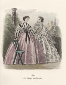 "Les Modes parisiennes 1860". Die handkolorierte Graphik zeigt zwei Damen mit einem Gartenstuhl in einem Park.