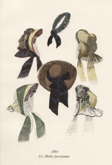 "Les Modes parisiennes 1860". Die handkolorierte Graphik zeigt sechs Kopfbedeckungen (Hüte, Hauben, Reifen)