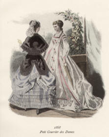 "Petit Courrier des Dames 1868". Die handkolorierte Graphik zeigt zwei Damen mit Schirm auf einer Aussichtsterrasse.