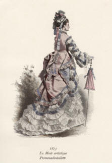 "La Mode artistique 1873". Die handkolorierte Graphik zeigt eine Dame in Promenadentoilette mit Schirm.