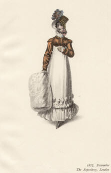 "1817, Dezember, The Repository, London". Die handkolorierte Graphik zeigt eine englische Lady im Winterkleid mit einem weißen Muff.