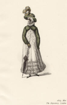 "1819, Mai, The Repository, London". Die handkolorierte Graphik zeigt eine englische Lady im Frühlingskleid mit Regenschirm in der Hand