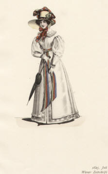 "1825, Juli, Wiener Zeitschrift". Die handkolorierte Graphik zeigt eine junge Dame mit Sommerhut und Schirm aus der Biedermeierzeit.