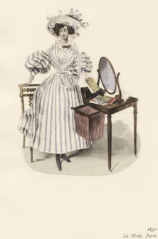 "1830, La Mode, Paris". Die handkolorierte Graphik zeigt eine hübsche junge Dame mit Interieur vor dem Toilette-Tisch stehend.