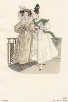 "Gavarni - 1830, La Mode, Paris". Die handkolorierte Graphik zeigt zwei elegante Damen.