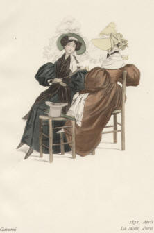"Gavarni - 1831, April, La Mode, Paris". Die handkolorierte Graphik zeigt zwei Damen auf Stühlen und sich unterhaltend. Auf dem vorderen Hocker liegt ein Herren-Zylinderhut zusammen mit einem Damenschirm