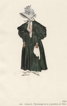 "1832, Aus: Gavarni, Physionomie de la population de Paris". Die handkolorierte Graphik zeigt eine Dame mit hellblauem Hut, Schleife und grünem Kleid.