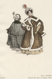 "1833, Dezember, Gavarni, Journal des Gens du Monde, Paris". Die handkolorierte Graphik zeigt zwei Damen in Wintermänteln.