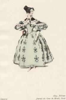 "1834, Februar, Gavarni, Journal des Gens du Monde, Paris". Die handkolorierte Graphik zeigt eine Dame in hellgrünem Kleid mit Blumen
