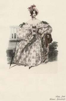 "1834, Juni, Wiener Zeitschrift". Die handkolorierte Graphik zeigt eine hübsche junge Dame der Biedermeierzeit auf einer Gartenbank sitzend