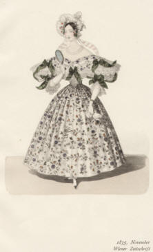 "1835, November, Wiener Zeitschrift". Die handkolorierte Graphik zeigt eine junge Dame im Kleid mit grünen Schleifen der Biedermeierzeit und mit einem Handspiegel